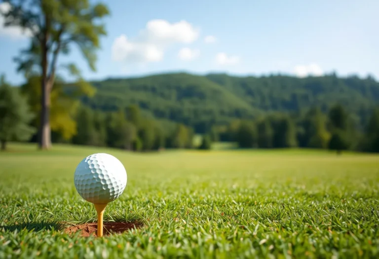 Golfball auf dem Tee, dahinter ein Fairway vor bewaldeten Hügeln – KI-generiert: Vollständig mit KI erzeugt (FLUX.1 schnell)