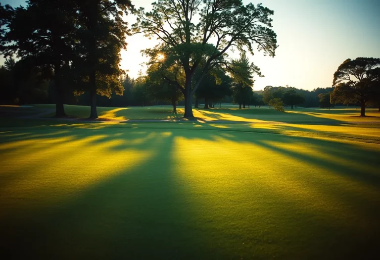 Fairway im Abendlicht mit langen Baumschatten – KI-generiert: Vollständig mit KI erzeugt (FLUX.1 schnell)
