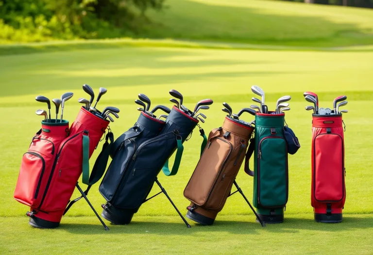 Reihe einfarbiger Golfbags mit Schlägern auf einem Übungsgrün – KI-generiert: Vollständig mit KI erzeugt (FLUX.1 schnell)