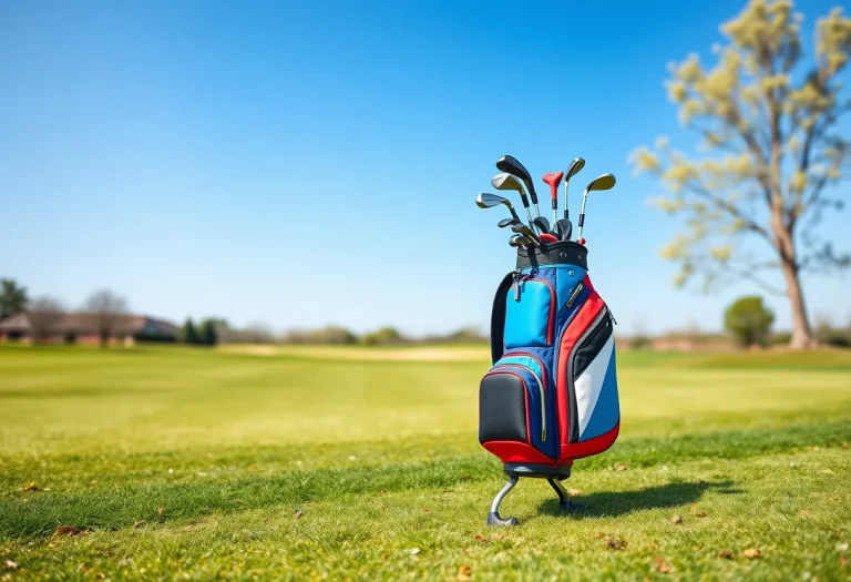 Buntes Golfbag mit Schlägern am Rand eines sonnigen Fairways – KI-generiert: Vollständig mit KI erzeugt (FLUX.1 schnell)