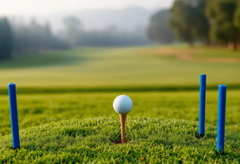 Golfball auf dem Tee zwischen blauen Abschlagmarkierungen, Fairway im Morgendunst – KI-generiert: Vollständig mit KI erzeugt (FLUX.1 schnell)