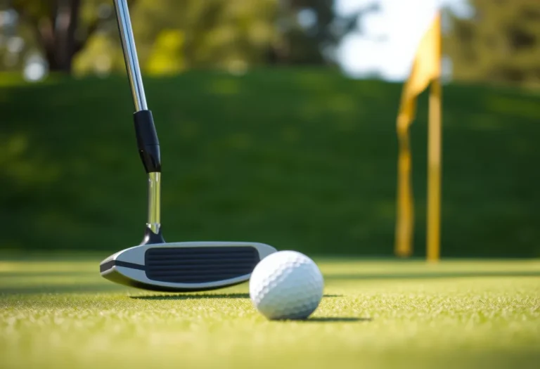 Putter hinter einem Golfball auf dem Grün, im Hintergrund eine gelbe Fahne – KI-generiert: Vollständig mit KI erzeugt (FLUX.1 schnell)