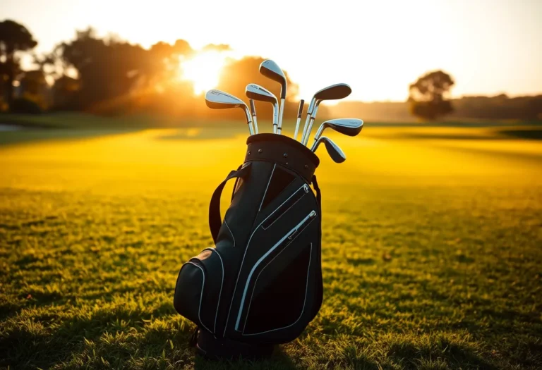 Golfbag mit Schlägern auf dem Fairway im Abendlicht – KI-generiert: Vollständig mit KI erzeugt (FLUX.1 schnell)