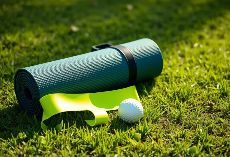 Gymnastikmatte, Fitnessband und Golfball auf dem Rasen – KI-generiert: Vollständig mit KI erzeugt (FLUX.1 schnell)