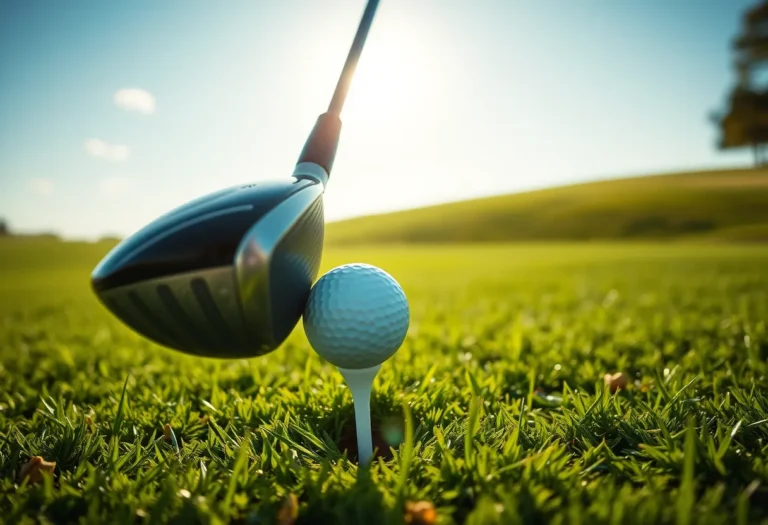 Driver hinter einem Golfball auf dem Tee vor blauem Himmel – KI-generiert: Vollständig mit KI erzeugt (FLUX.1 schnell)