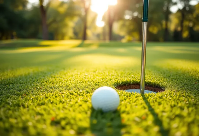 Golfball auf dem Grün kurz vor dem Loch, daneben die Fahnenstange – KI-generiert: Vollständig mit KI erzeugt (FLUX.1 schnell)