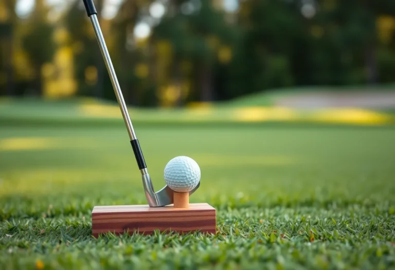 Golfschläger und Ball auf einem kleinen Tee auf der Übungswiese – KI-generiert: Vollständig mit KI erzeugt (FLUX.1 schnell)